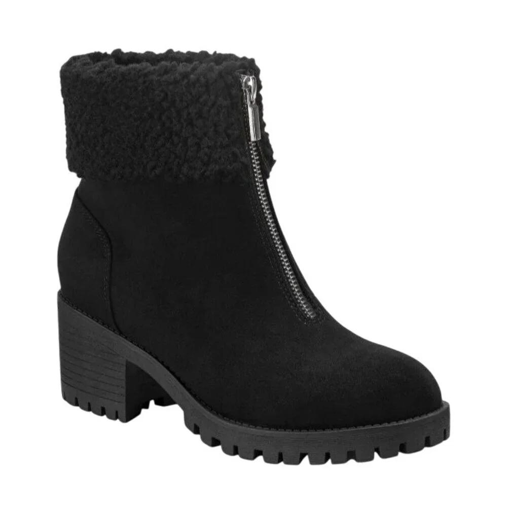 NEW Style &‎ Co Biancaa Faux Suede Lug Sole Booties Black Size 8.5 Front Zipper